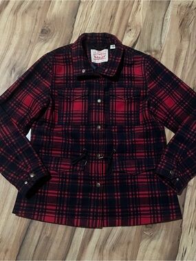 Levi’s Red Black Buffalo Plaid Utility Field Jacket Wool Blend Cinch Waist Sz S